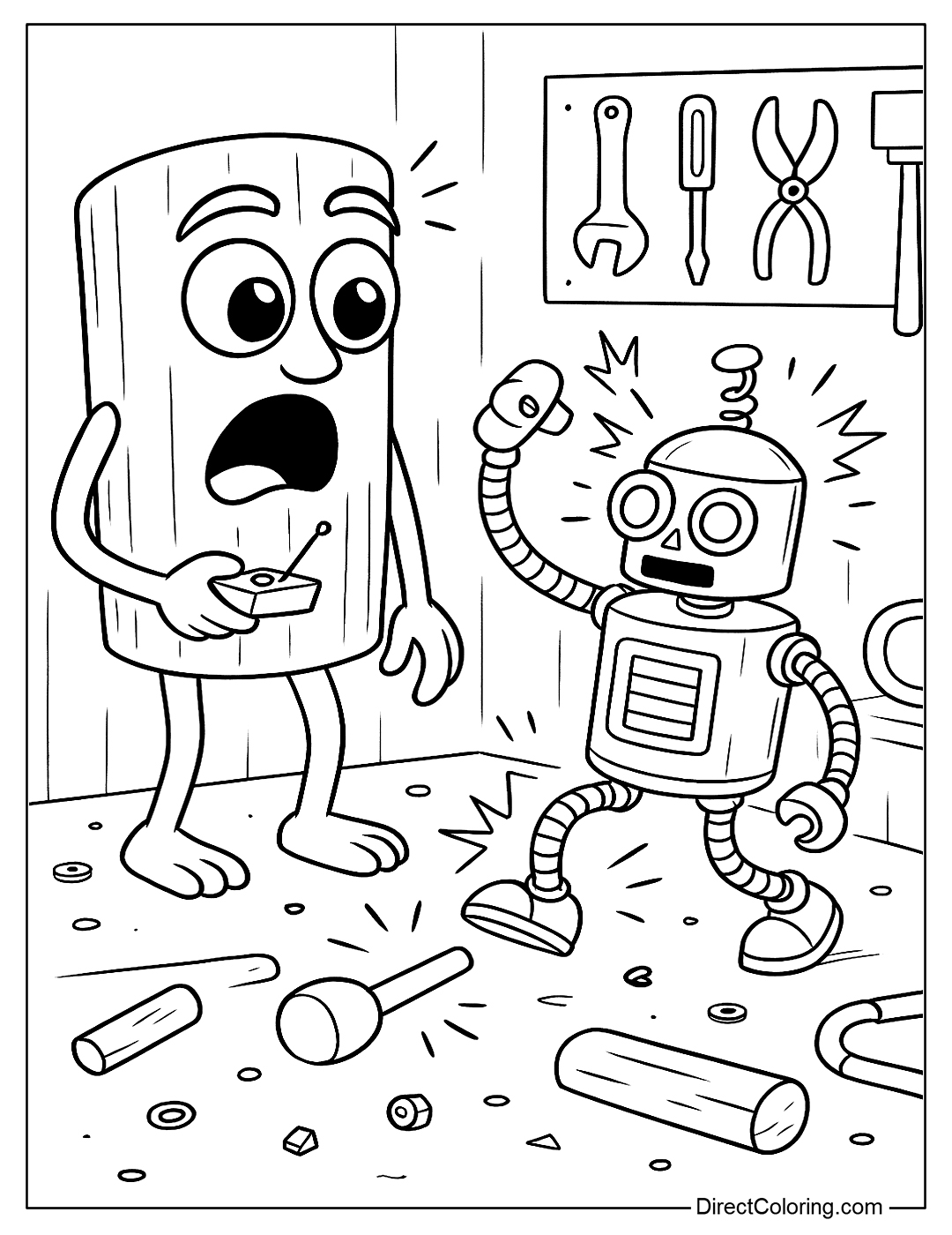 a coloring page of Sahur trying to start the robot tapping for him and getting both funny and sad consequences
